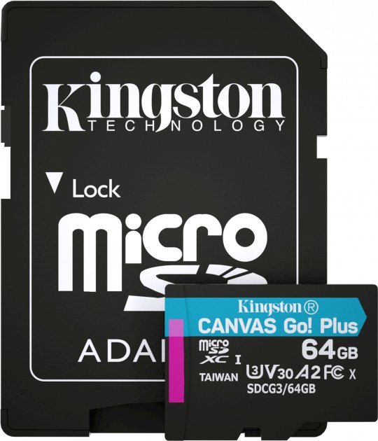 Карта пам'яті Kingston 64 GB microSDXC class 10 UHS-I U3 Canvas Go! Plus (R170/W70)+SD Adapter (SDCG3/64GB)