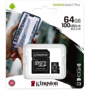 Карта пам'яті  Kingston 64 GB microSDXC Class 10 UHS-I Canvas Select Plus (R100) + SD Adapter (SDCS2/64GB)