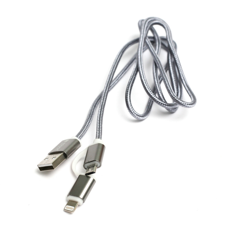 Кабель PowerPlant Quick Charge 2A 2-в-1 cotton USB 2.0 AM – Lightning/Micro 1м grey (KD00AS1289)